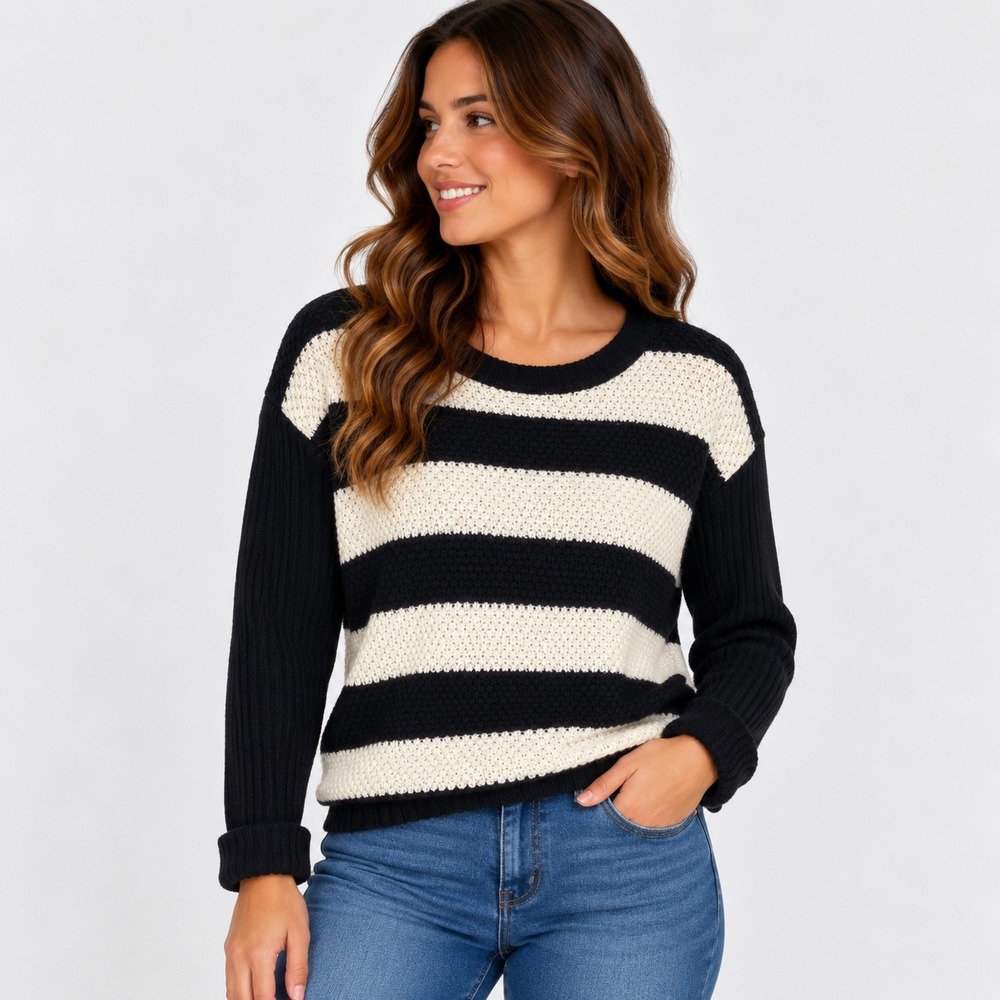 Papaya Black White Striped Sweater Womens Oversized Boxy Chunky Knit Pullover